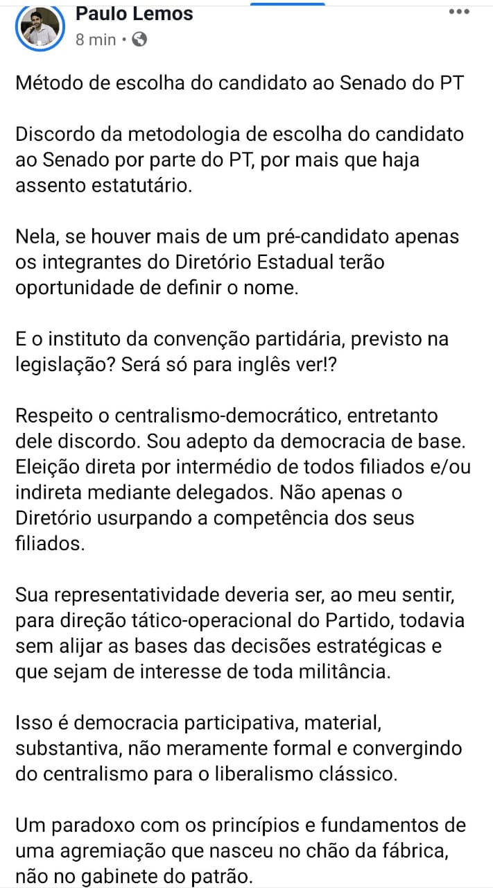 LEMOS - A ESCOLHA DO CANDIDATO DO PT AO SENADO... 